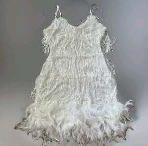 Flapper Fringe Mini Dress White Sequin Party Dress Feather Hem Cocktail Dress
